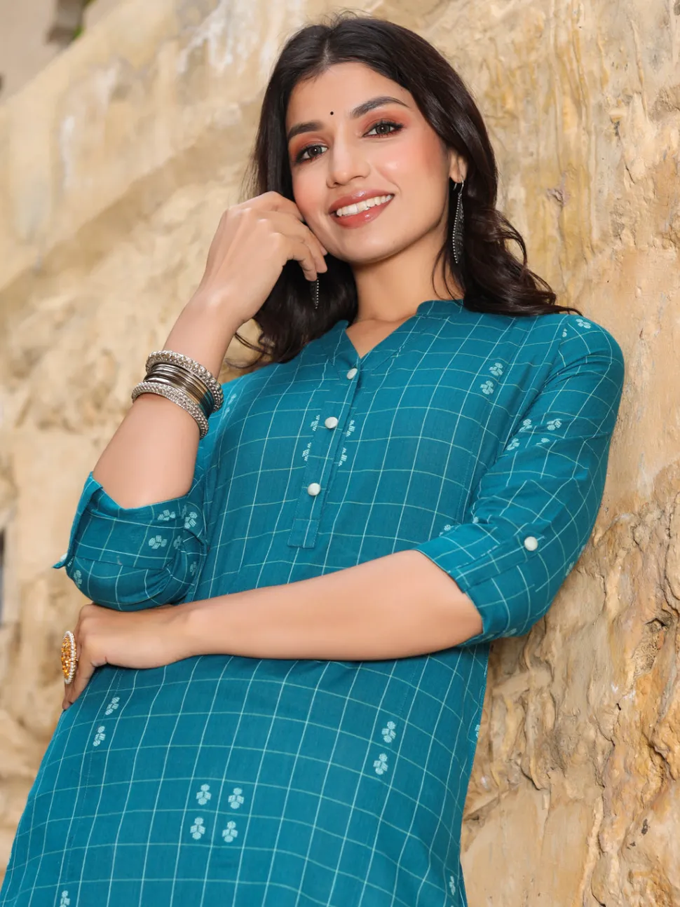 Jaipur Kurti Teal Blue Checks Cotton Flared Kurta