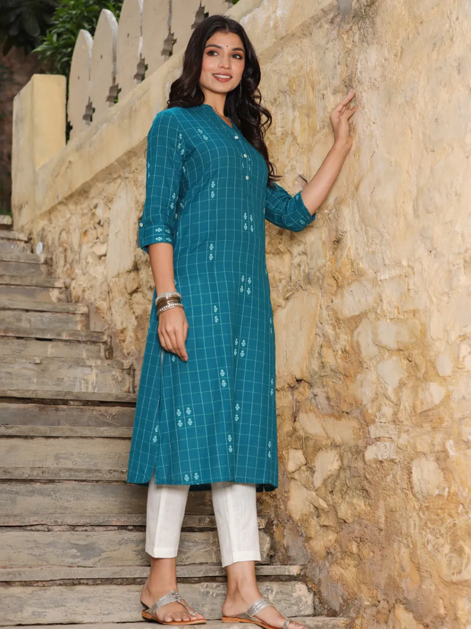 teal_blue_checks_cotton_flared_kurta_2.webp Jaipur Kurti Teal Blue Checks Cotton Flared Kurta