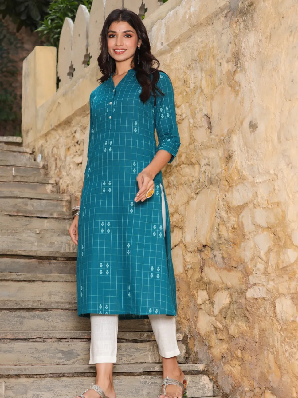 teal_blue_checks_cotton_flared_kurta_3.webp Jaipur Kurti Teal Blue Checks Cotton Flared Kurta