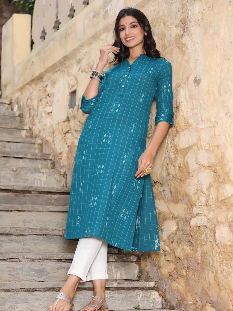 teal_blue_checks_cotton_flared_kurta_5.webp Jaipur Kurti Teal Blue Checks Cotton Flared Kurta