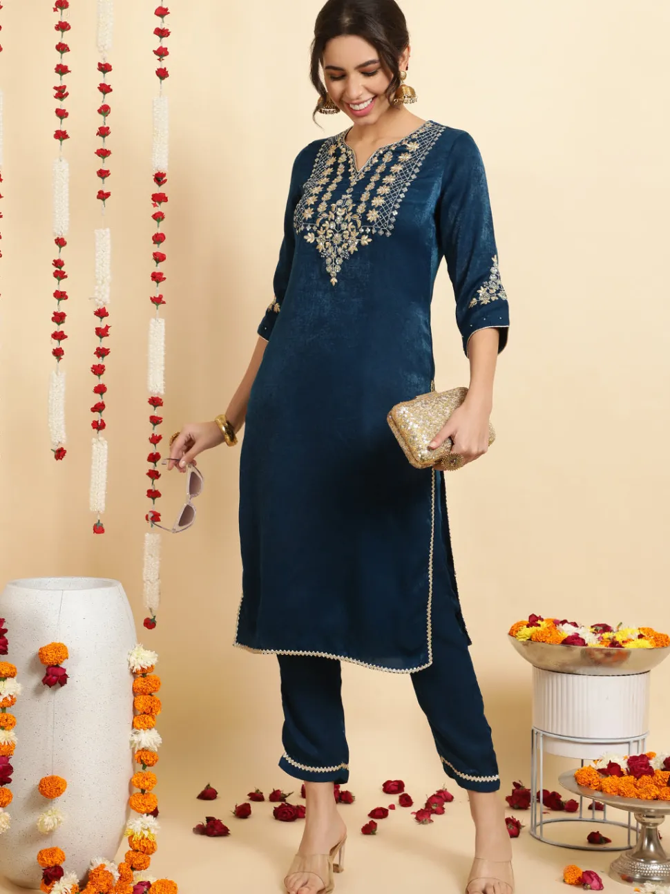 Jaipur Kurti Teal Blue Embroidered Velvet Kurta With Pants