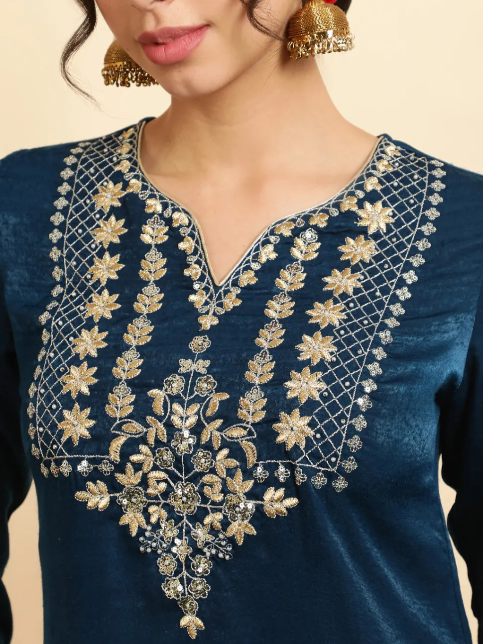 Jaipur Kurti Teal Blue Embroidered Velvet Kurta With Pants