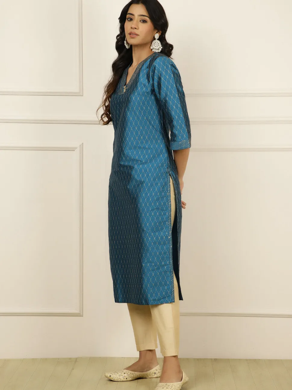 Jaipur Kurti Teal Blue Ethnic Printed Straight Kurta