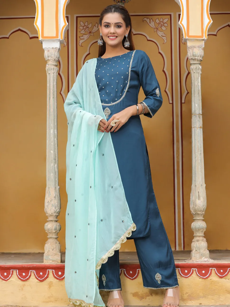 Jaipur Kurti Embroidered Straight Kurta With Palazzo And Dupatta