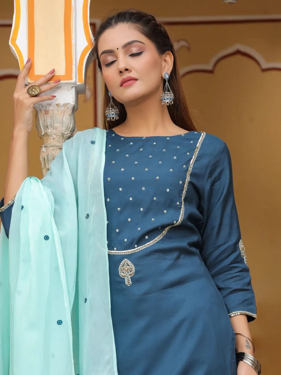 Jaipur Kurti Embroidered Straight Kurta With Palazzo And Dupatta