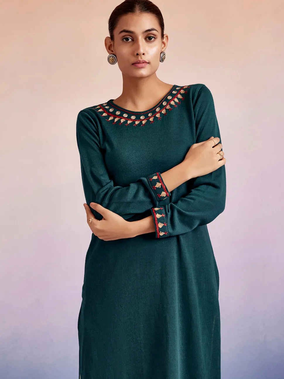 Jaipur Kurti Embroidered Straight Woolen Kurta