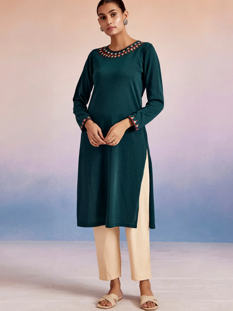 Jaipur Kurti Embroidered Straight Woolen Kurta