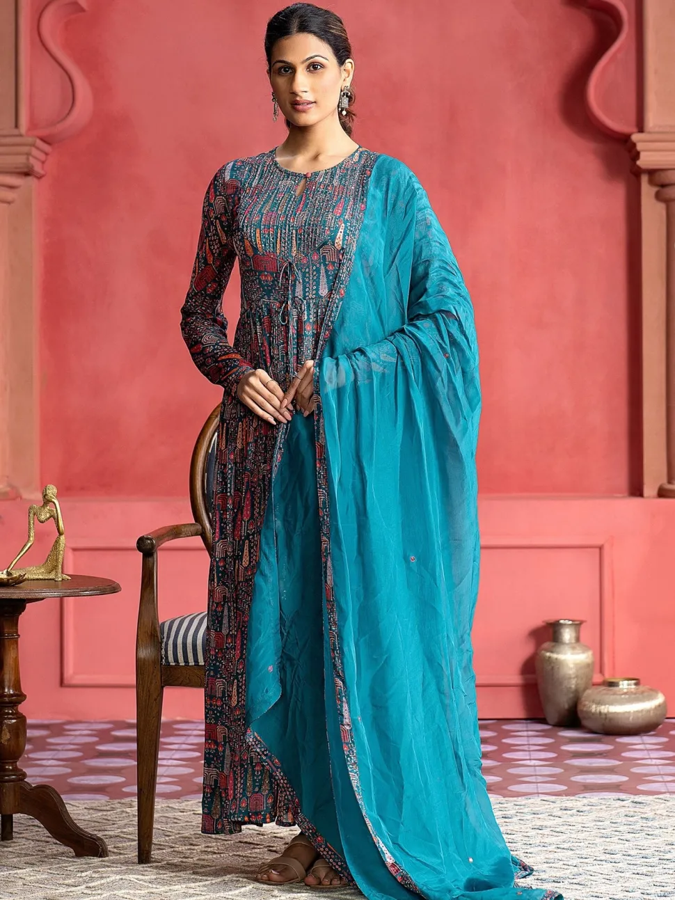 Jaipur Kurti Tribal Printed Flared Kurta With Dupatta