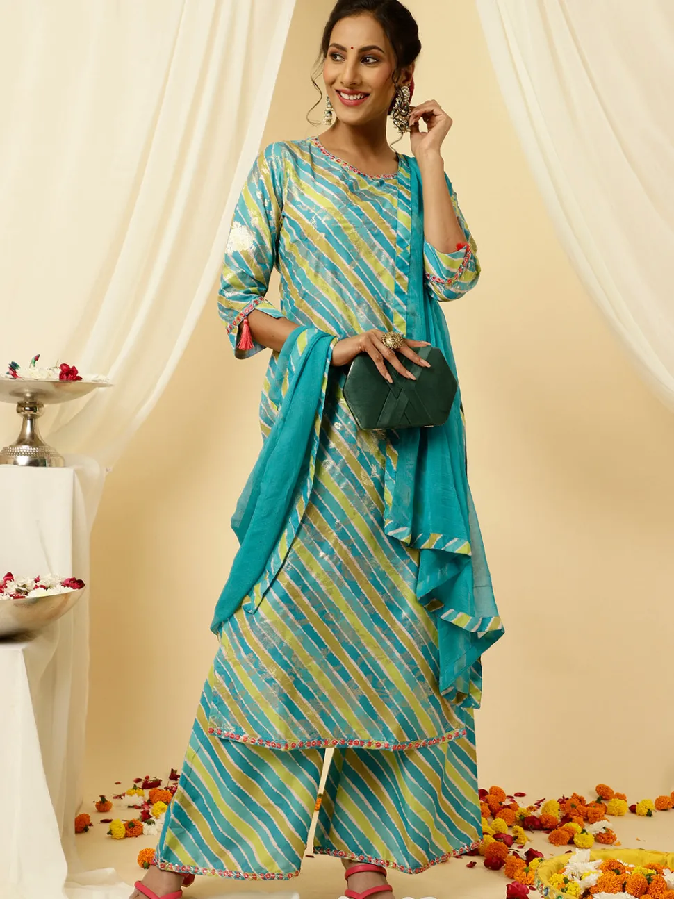 Jaipur Kurti Turquoise Blue Leheriya Straight Kurta With Palazzo And Dupatta