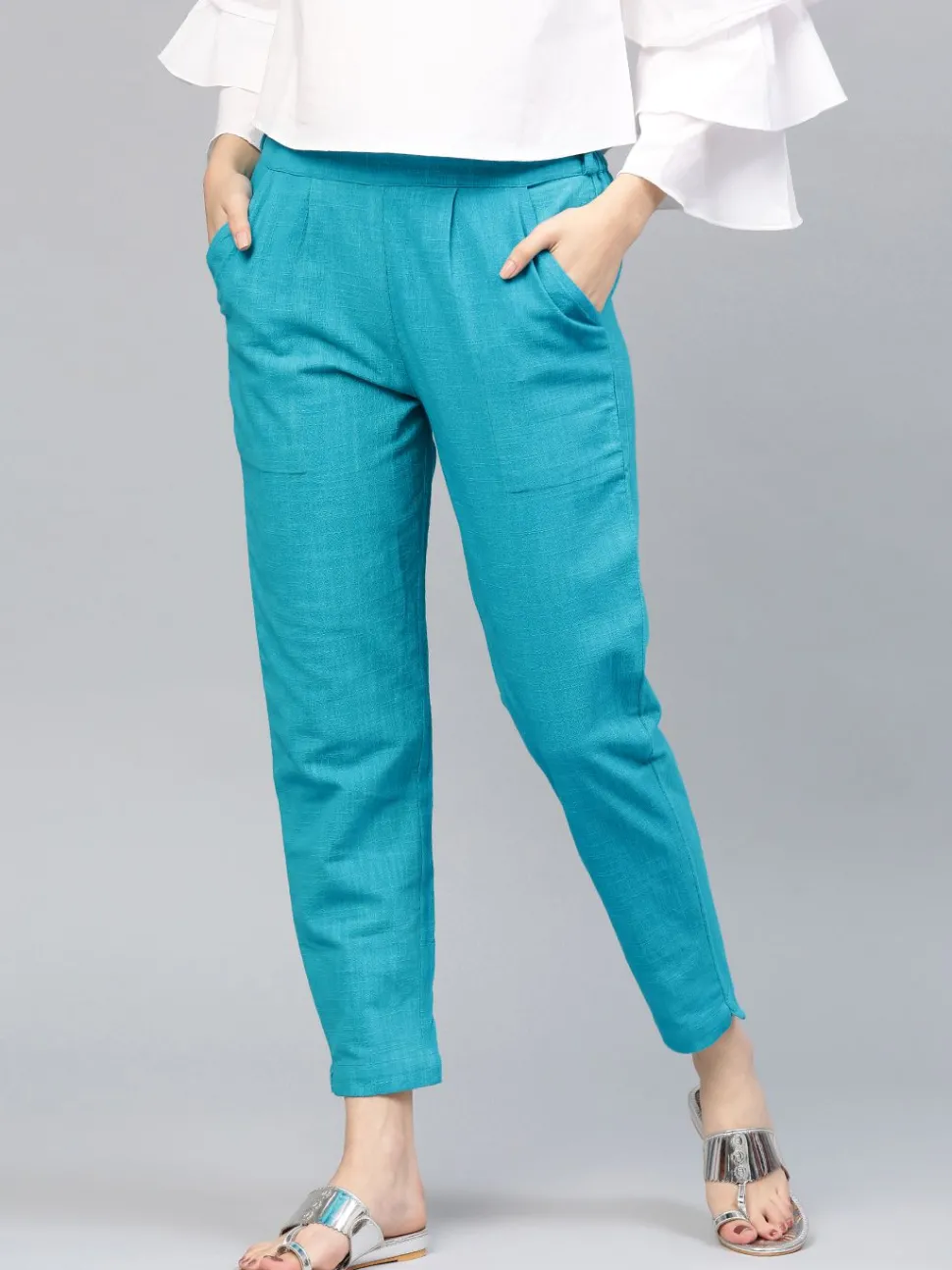 Jaipur Kurti Turquoise Blue Solid Cotton Slub Straight Pants
