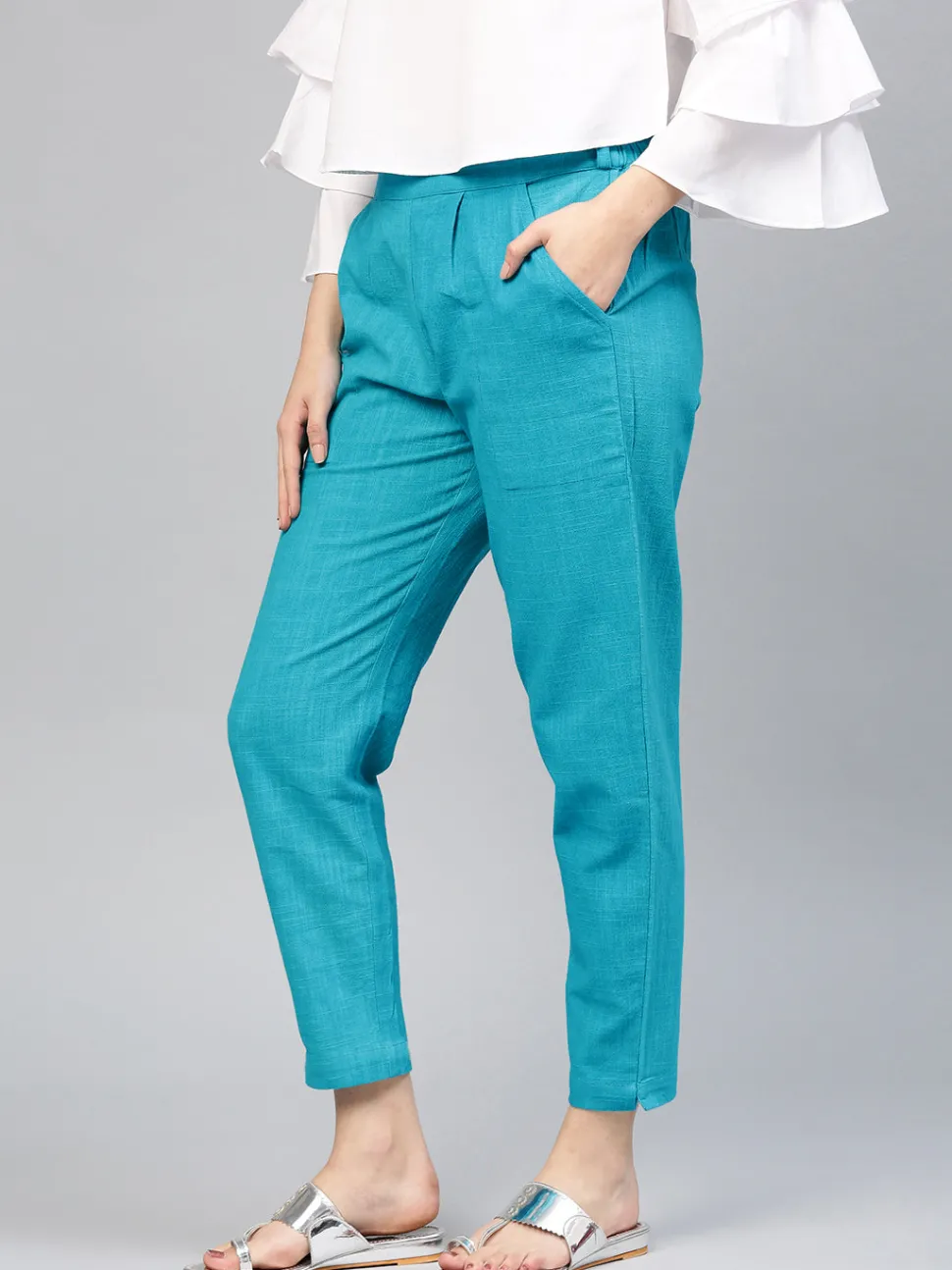 Jaipur Kurti Turquoise Blue Solid Cotton Slub Straight Pants