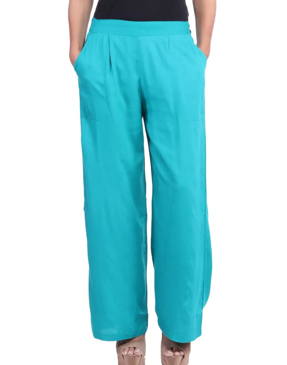 Jaipur Kurti Turquoise Blue Solid Rayon Palazzo