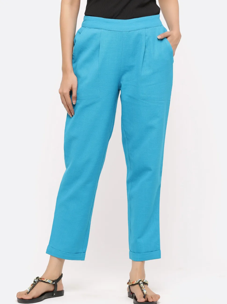 Jaipur Kurti Turquoise Cotton Slub Bottom-Fold Straight Pants