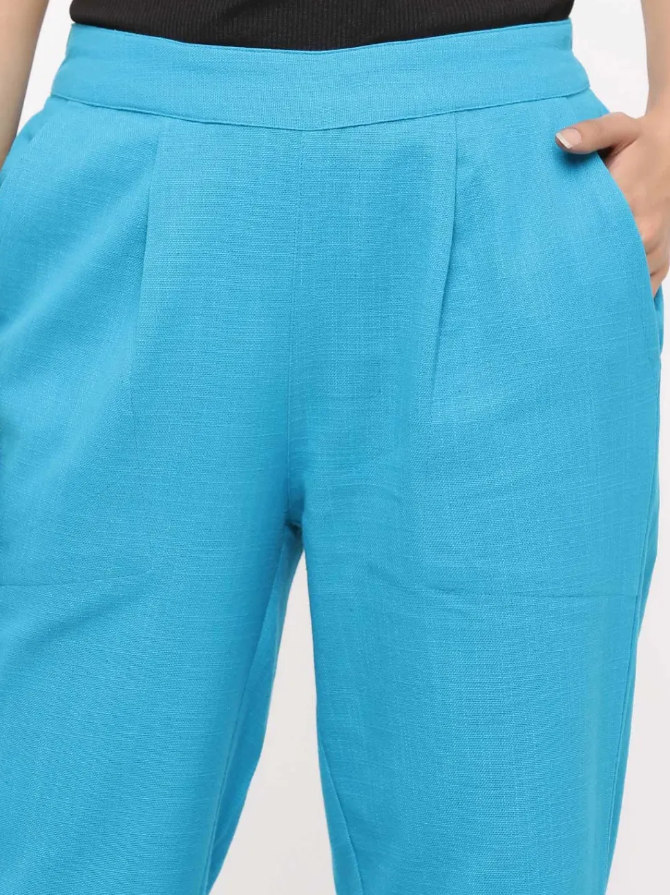 Jaipur Kurti Turquoise Cotton Slub Bottom-Fold Straight Pants