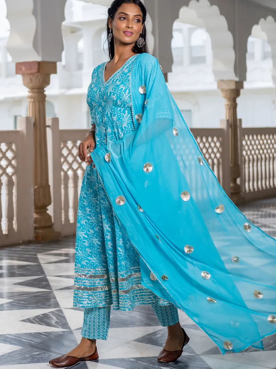 Jaipur Kurti Turquoise Printed Flared Kurta With Pants & Chiffon Dupatta Set