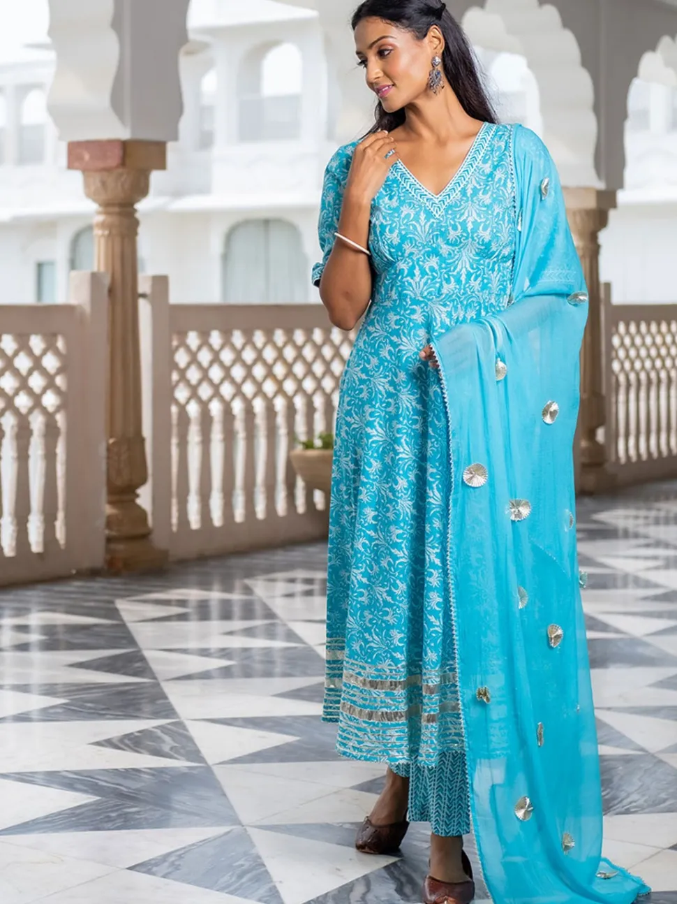 Jaipur Kurti Turquoise Printed Flared Kurta With Pants & Chiffon Dupatta Set