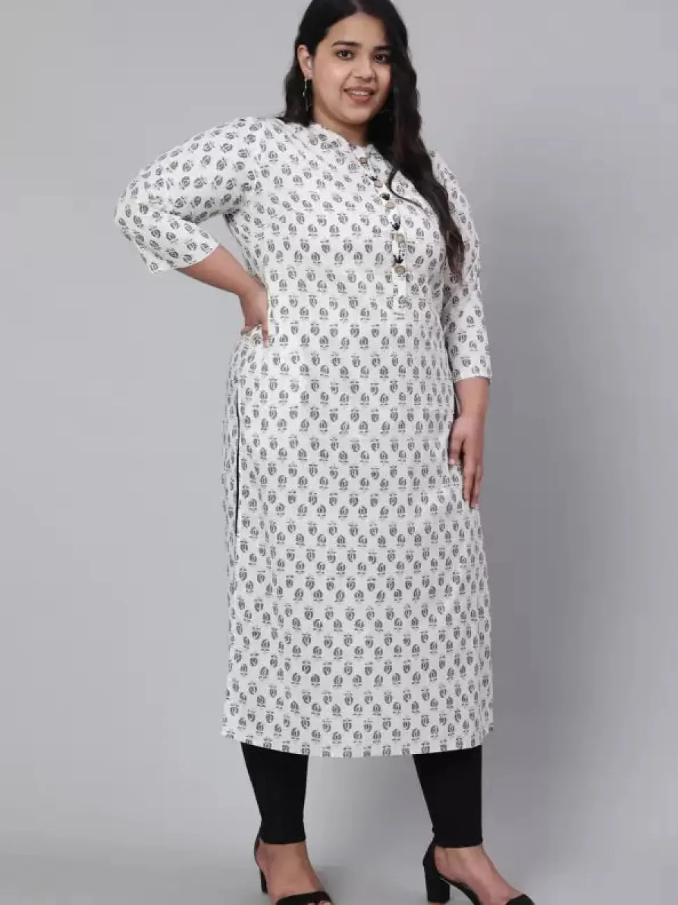 Jaipur Kurti White & Plus Size Straight Fit Cotton Embroidered Kurta