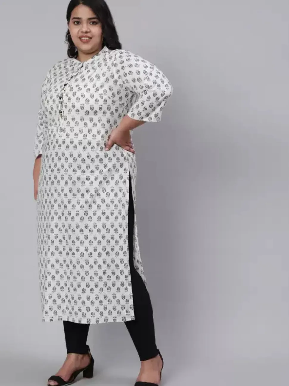 Jaipur Kurti White & Plus Size Straight Fit Cotton Embroidered Kurta