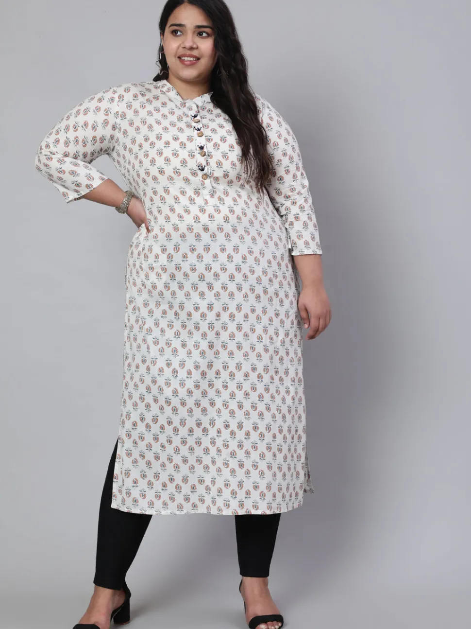 Jaipur Kurti White & Plus Size Straight Fit Cotton Embroidered Kurta