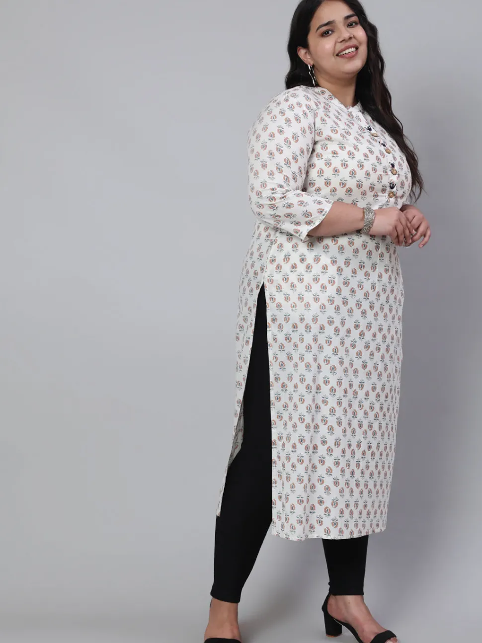Jaipur Kurti White & Plus Size Straight Fit Cotton Embroidered Kurta