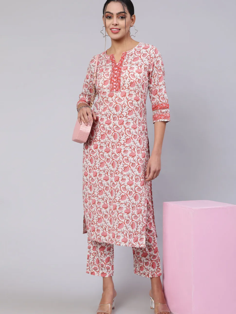 Jaipur Kurti White & Printed Straight Kurta Paired With Printed Palazzo