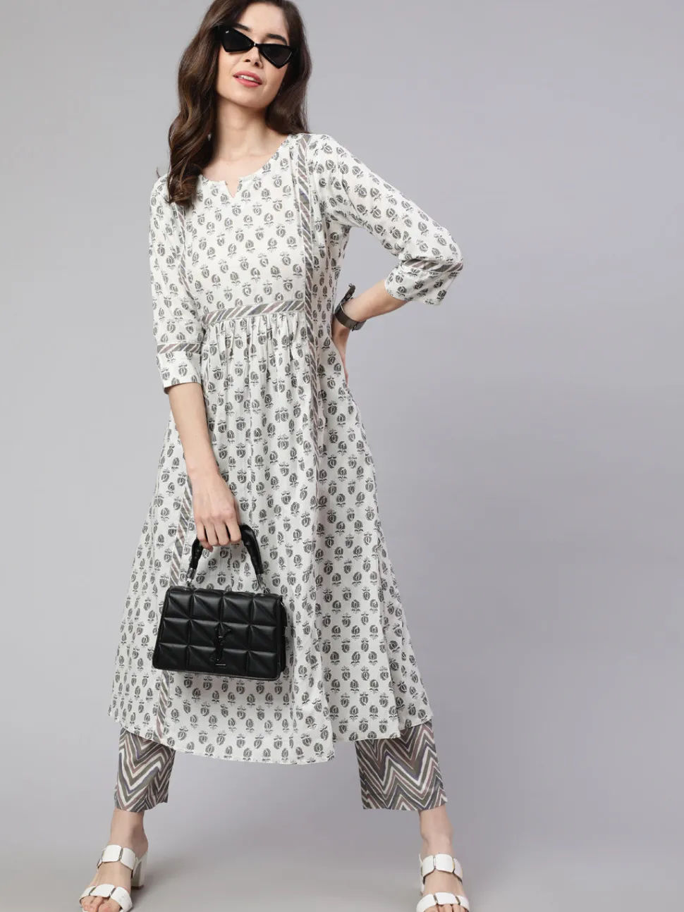 Jaipur Kurti White And Flared Cotton Embroidered Kurta With Printed Palazzo