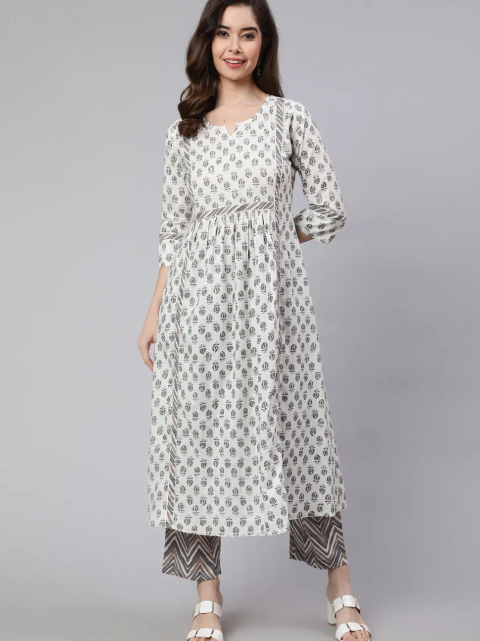 white_andgrey_flared_cotton_embroidered_kurta_with_printed_palazzo_2.webp Jaipur Kurti White And Flared Cotton Embroidered Kurta With Printed Palazzo