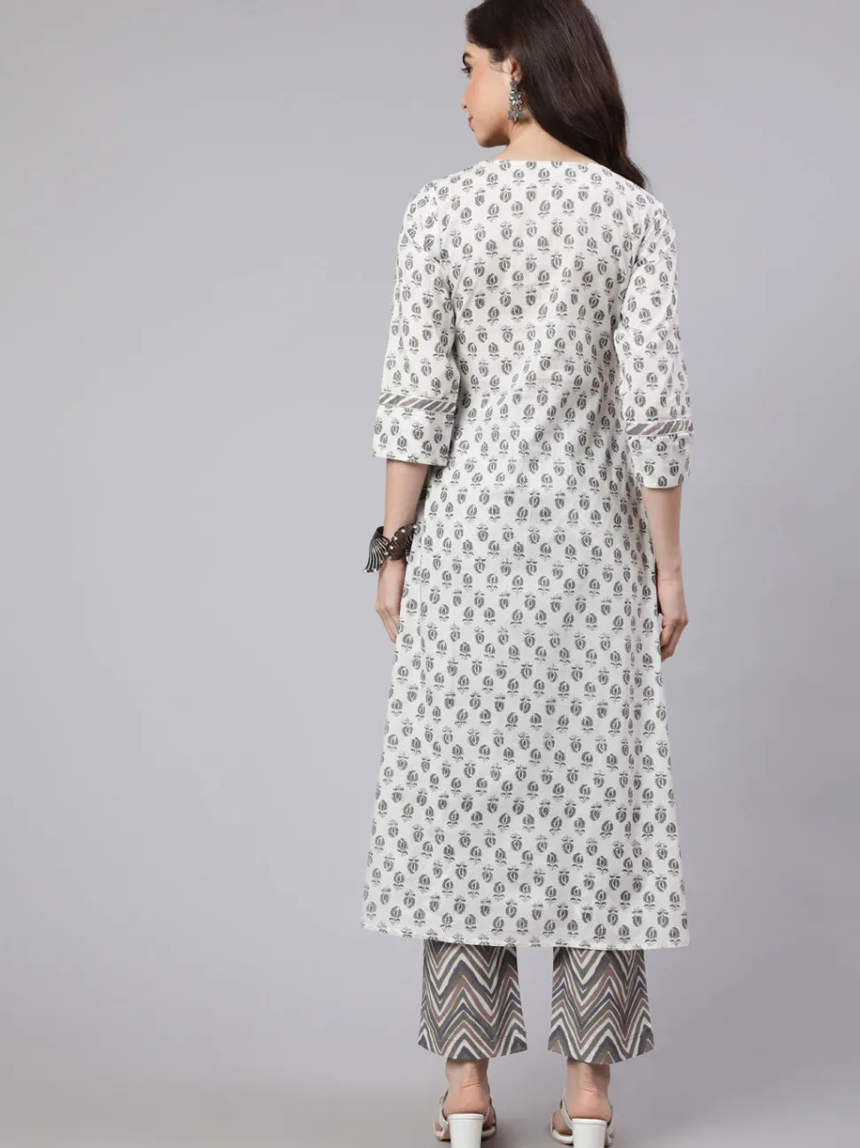 white_andgrey_flared_cotton_embroidered_kurta_with_printed_palazzo_3.webp Jaipur Kurti White And Flared Cotton Embroidered Kurta With Printed Palazzo