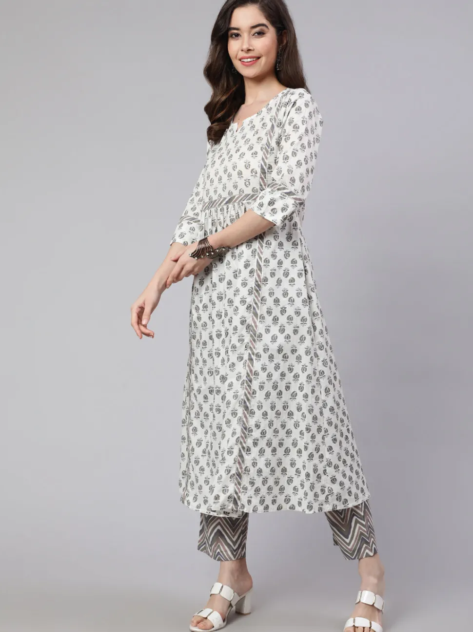 white_andgrey_flared_cotton_embroidered_kurta_with_printed_palazzo_4.webp Jaipur Kurti White And Flared Cotton Embroidered Kurta With Printed Palazzo