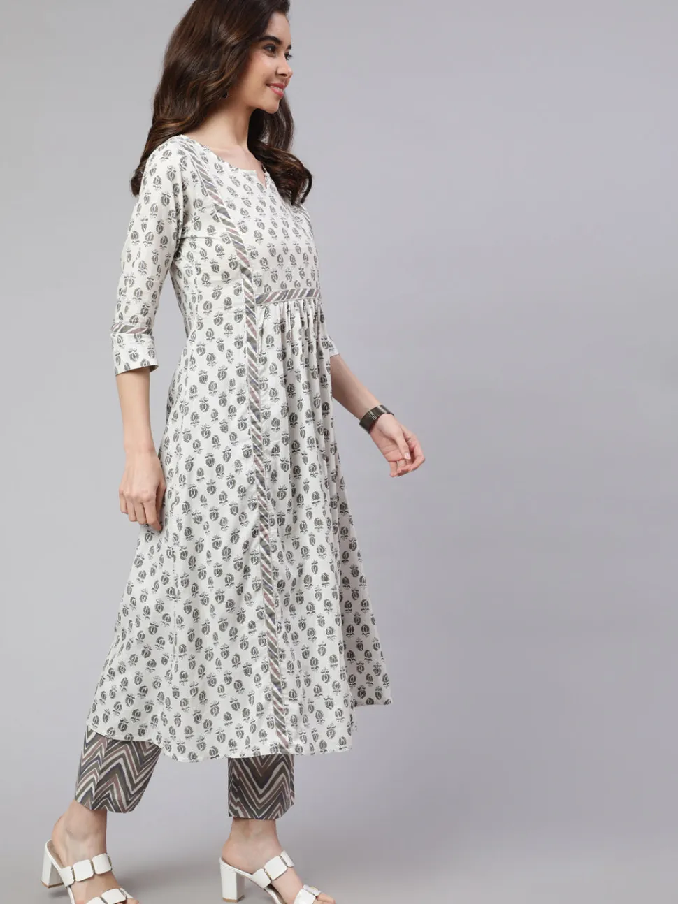white_andgrey_flared_cotton_embroidered_kurta_with_printed_palazzo_5.webp Jaipur Kurti White And Flared Cotton Embroidered Kurta With Printed Palazzo