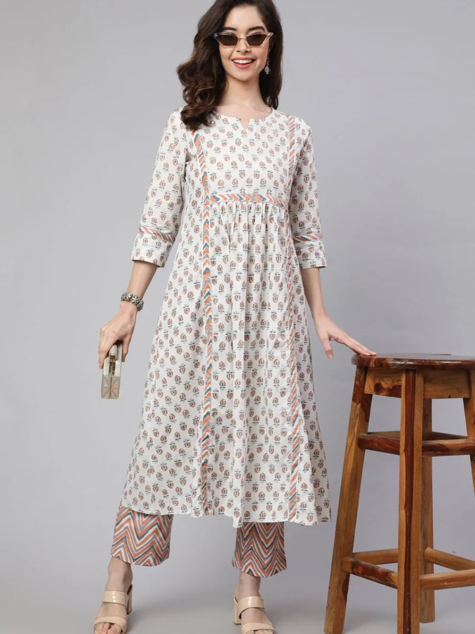 Jaipur Kurti White And Flared Cotton Embroidered Kurta With Printed Palazzo