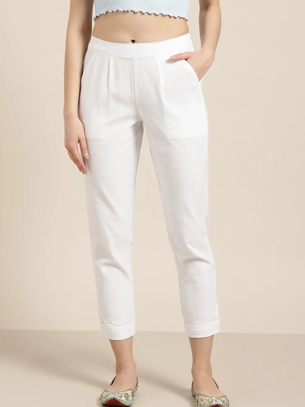 Jaipur Kurti Cotton Slub Bottom-Fold Straight Pants