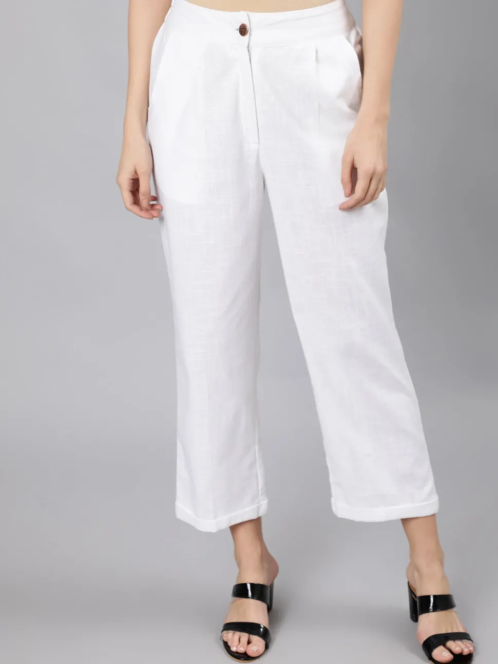 Jaipur Kurti Cotton Slub Straight High Rise Bottom-Fold Pants