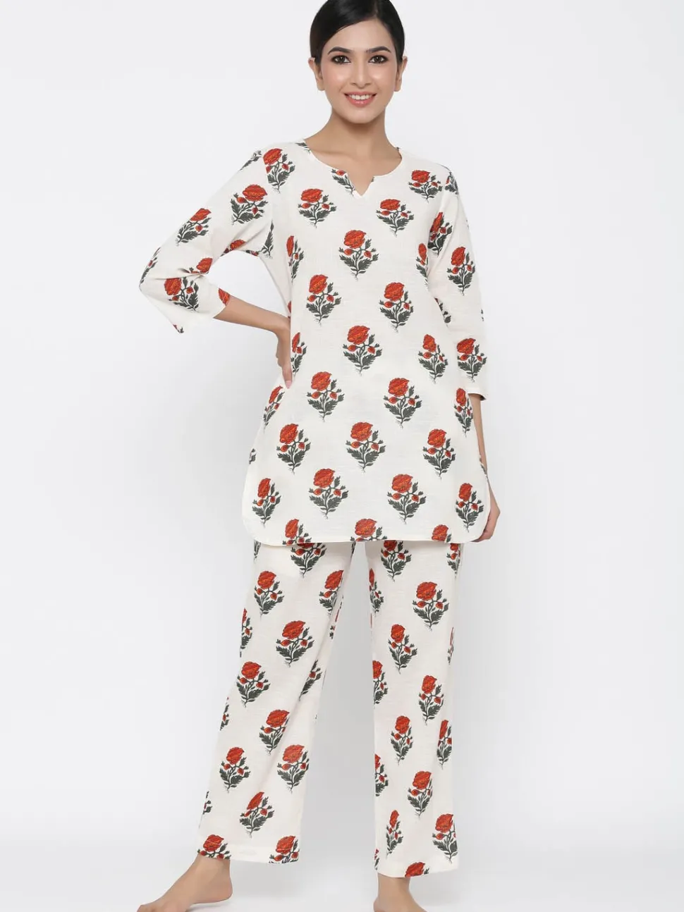 Jaipur Kurti White Floral print Straight Cotton Blend Sleepwear