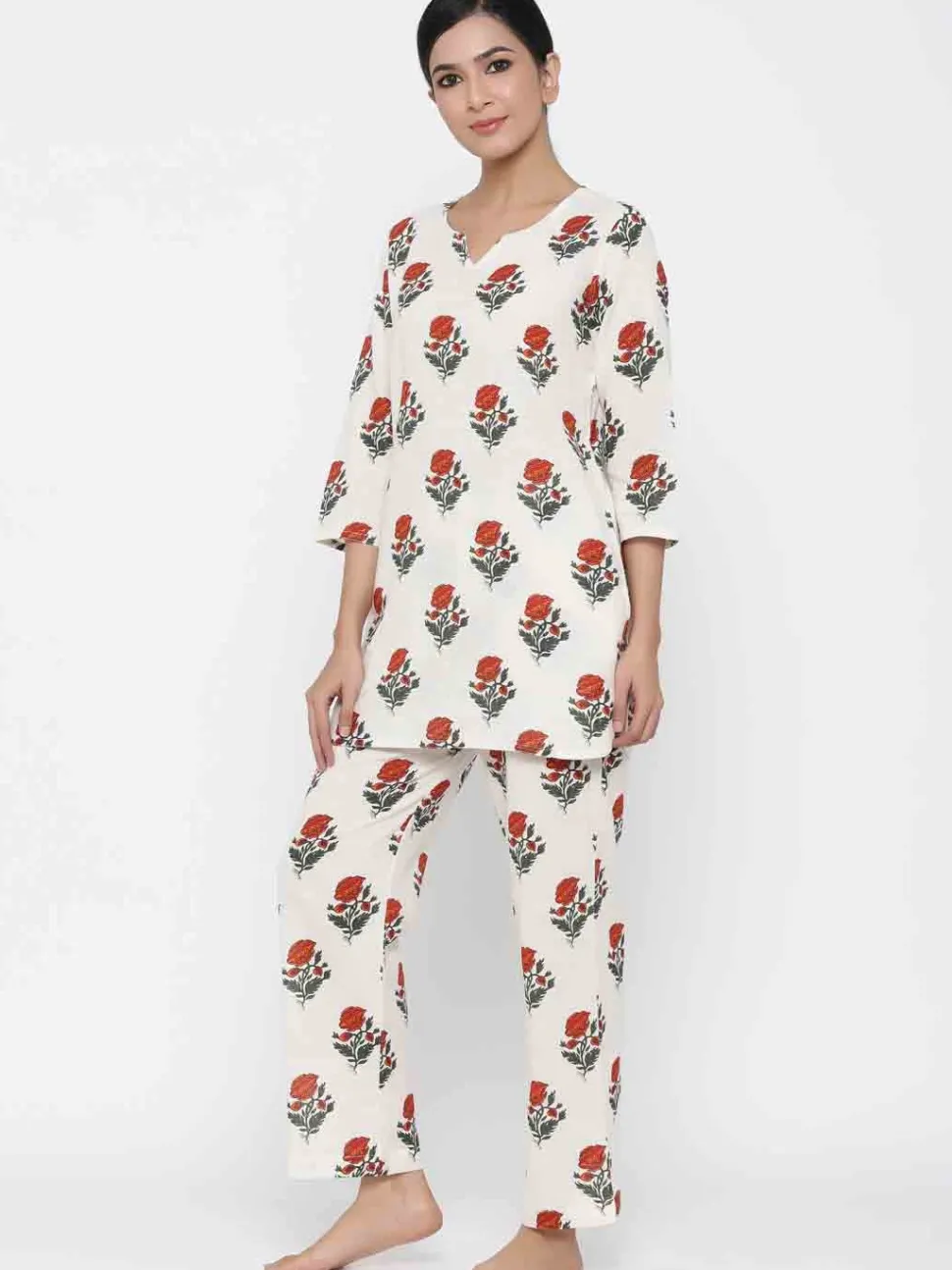 Jaipur Kurti White Floral print Straight Cotton Blend Sleepwear