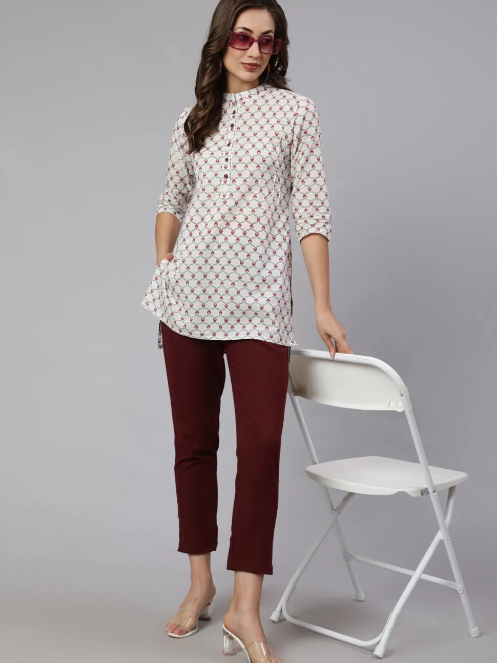 Jaipur Kurti White Geometric Printed Cotton Short Kurta With Burgundy Pants