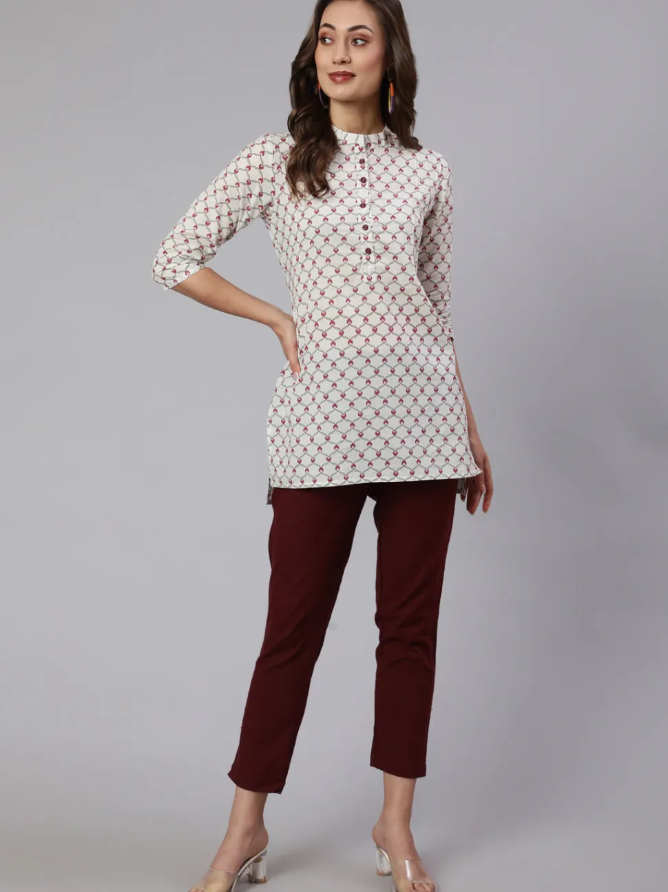Jaipur Kurti White Geometric Printed Cotton Short Kurta With Burgundy Pants