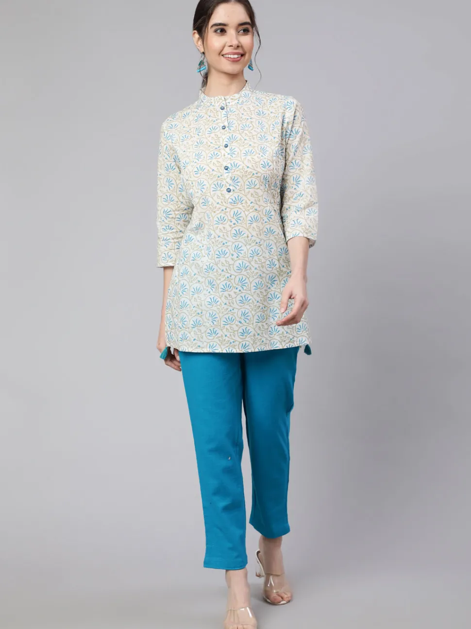 Jaipur Kurti White Printed Cotton Straight Short Kurta With Turquoise Pants