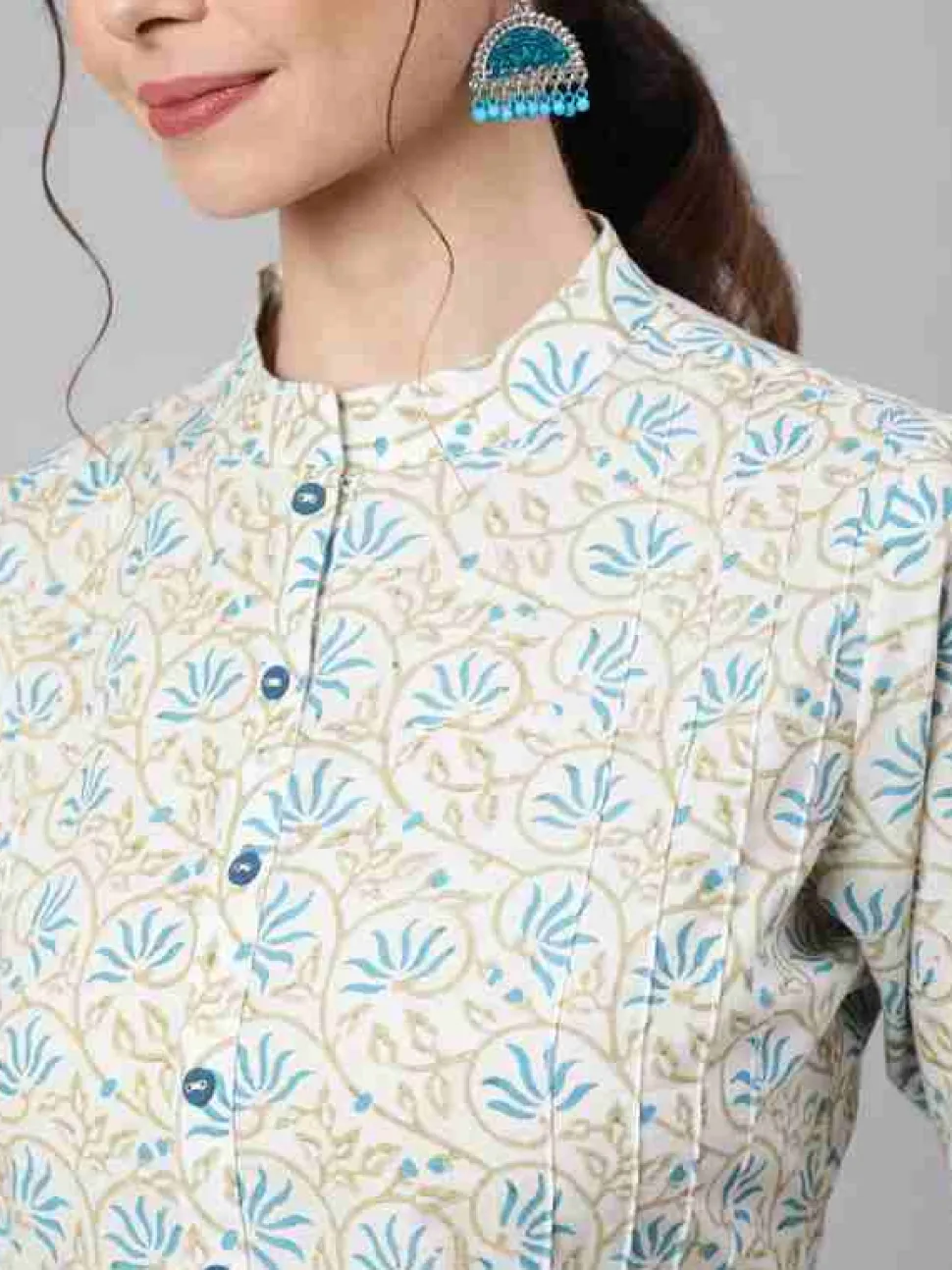 white_printed_cotton_straight_short_kurta_with_turquoise_pants_2.webp Jaipur Kurti White Printed Cotton Straight Short Kurta With Turquoise Pants