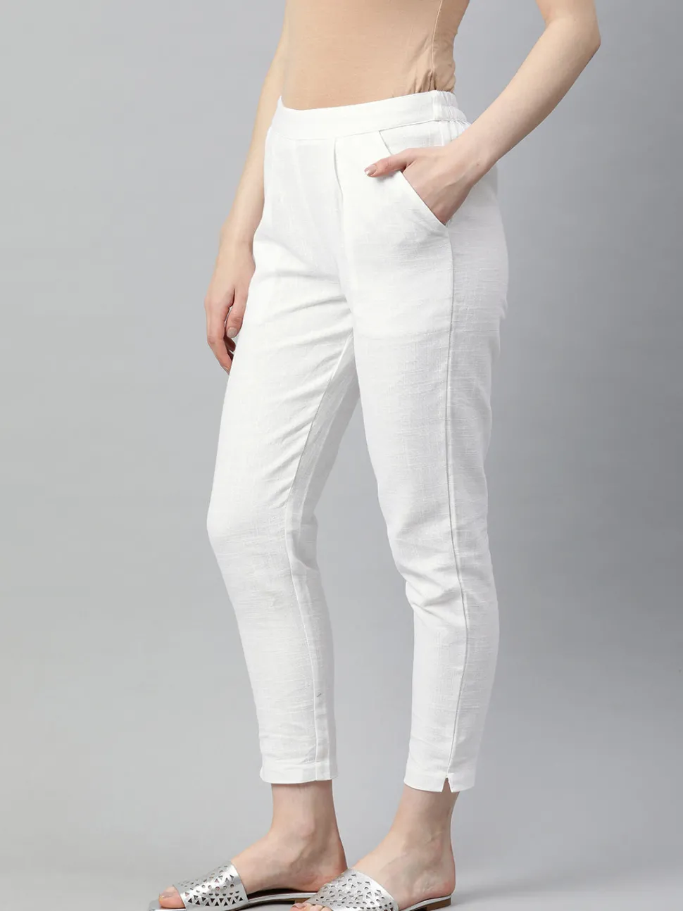 Jaipur Kurti Solid Cotton Slub Straight Pants