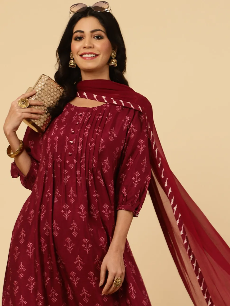 Jaipur Kurti Dola Silk Pleated Bandhani Kurta With Palazzo And Dupatta