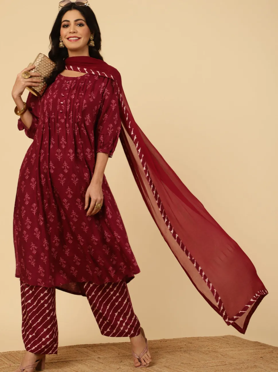 Jaipur Kurti Dola Silk Pleated Bandhani Kurta With Palazzo And Dupatta