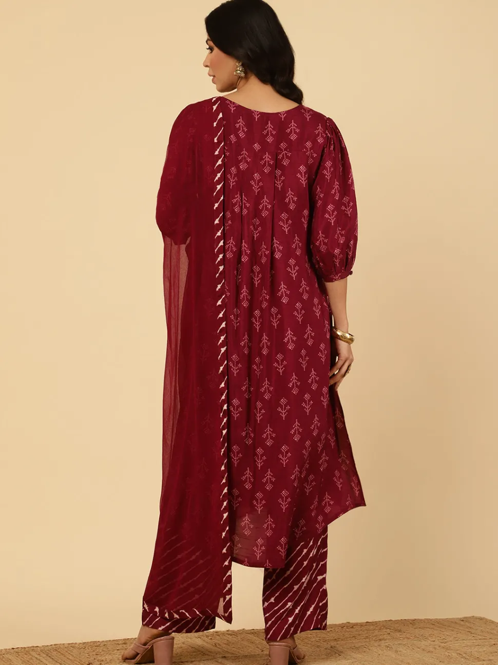 Jaipur Kurti Dola Silk Pleated Bandhani Kurta With Palazzo And Dupatta