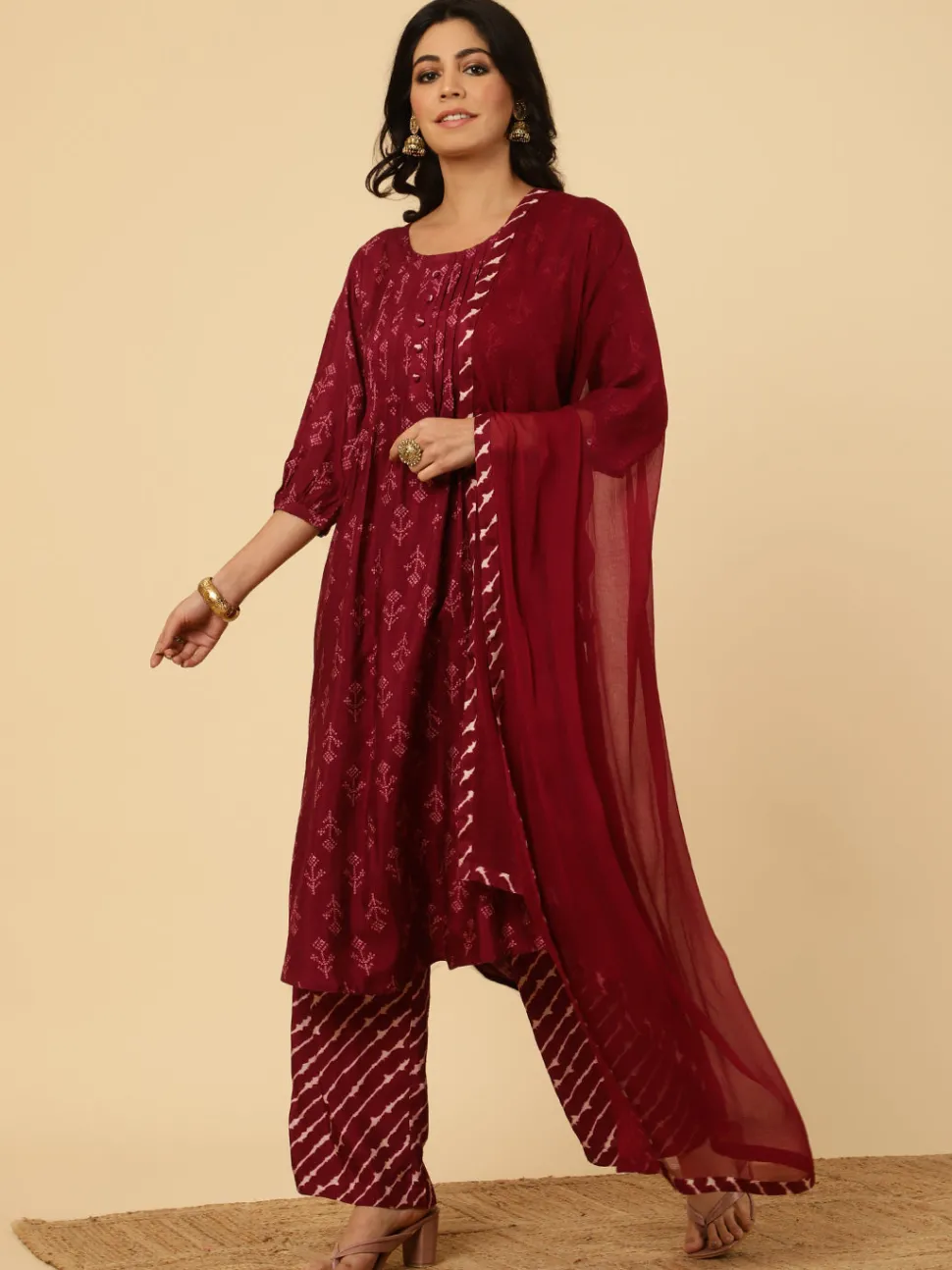 Jaipur Kurti Dola Silk Pleated Bandhani Kurta With Palazzo And Dupatta