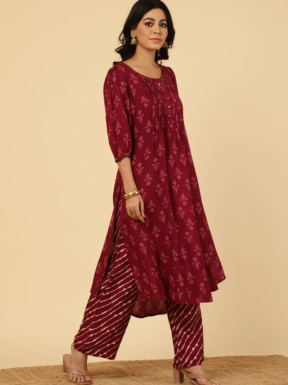 Jaipur Kurti Dola Silk Pleated Bandhani Kurta With Palazzo And Dupatta