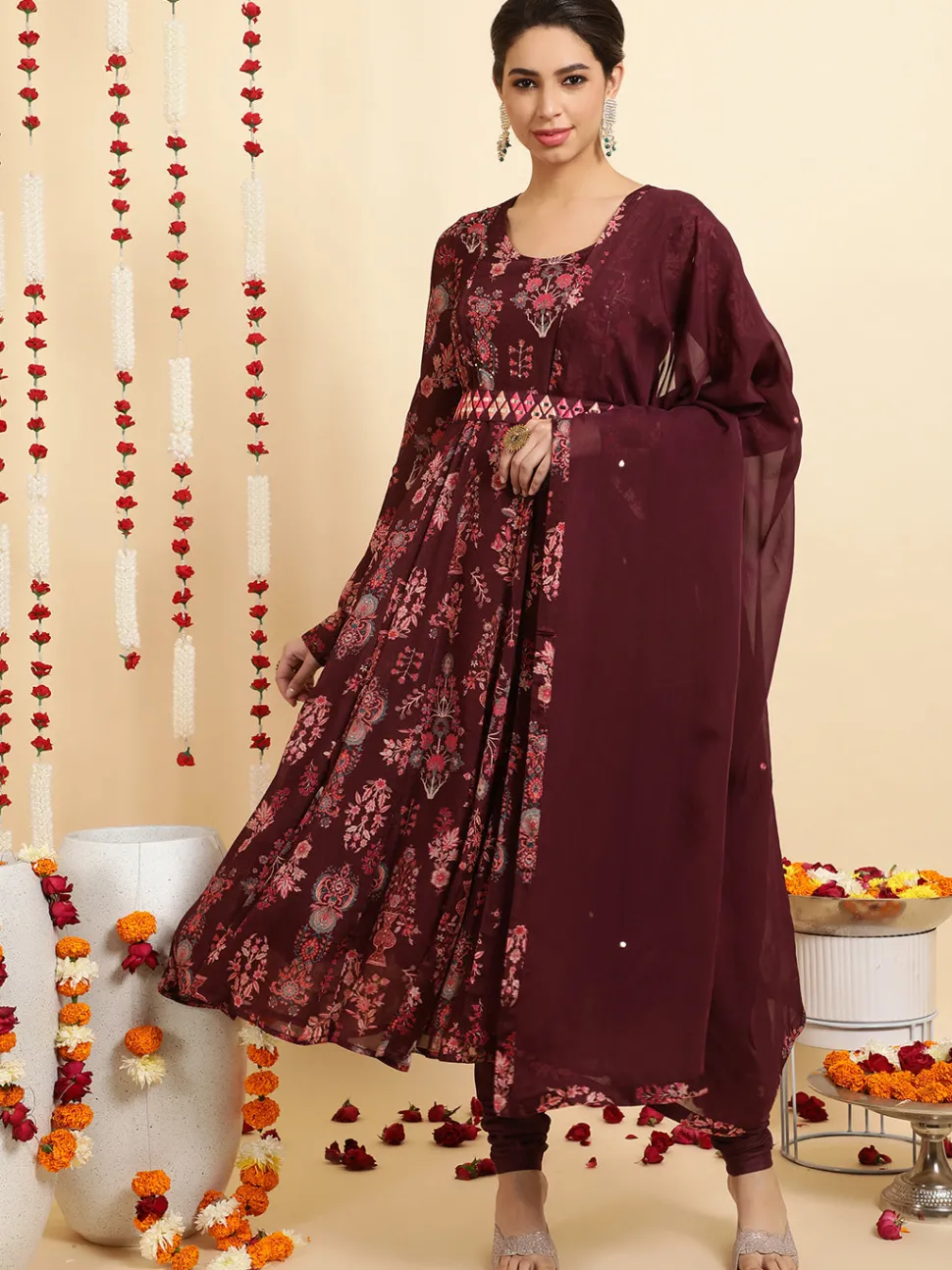 Jaipur Kurti Ethnic Printed Zardozi Anarkali With Churidar And Dupatta