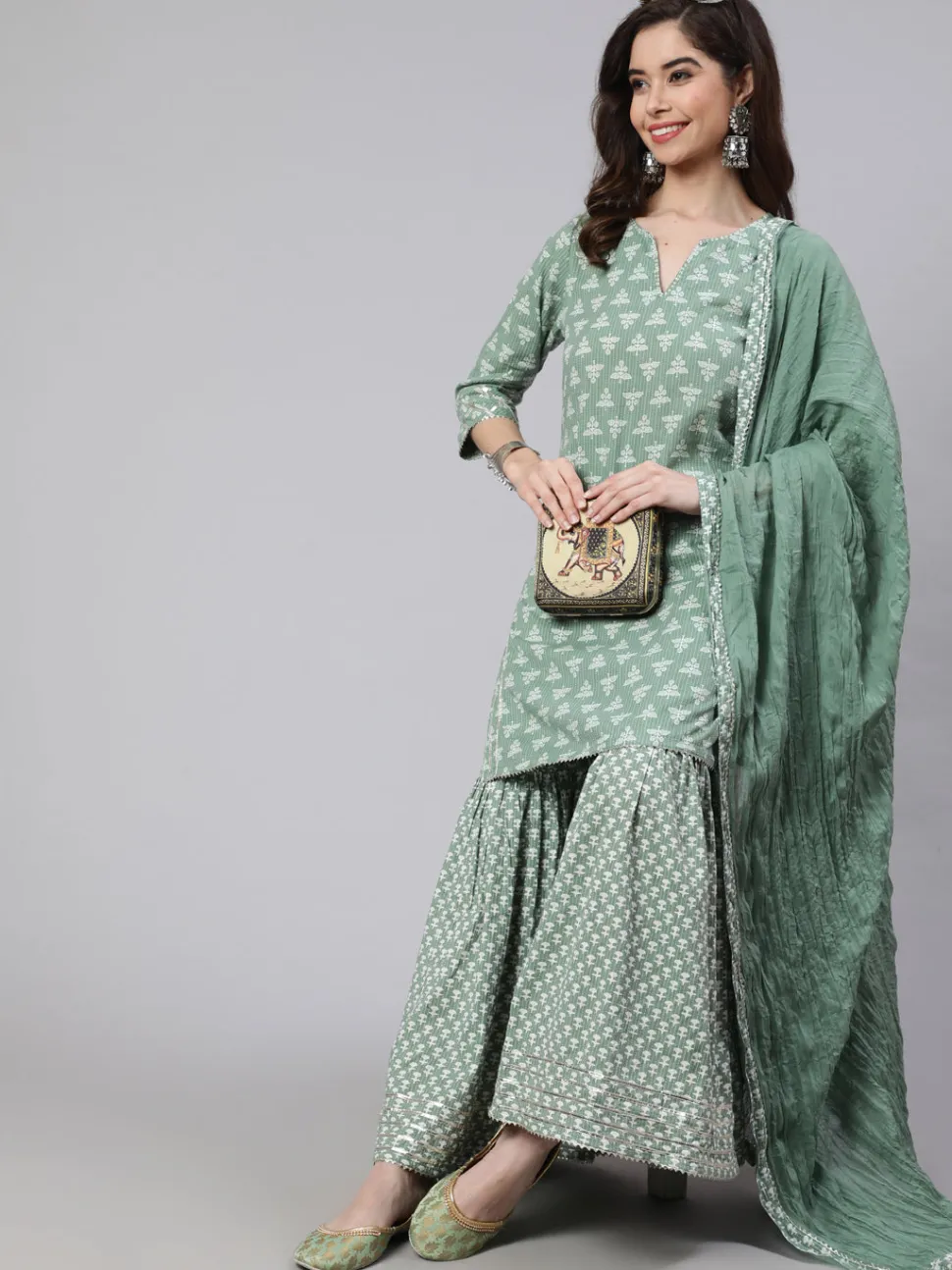 Jaipur Kurti Women Green Woven Straight Ethnic Printed Embroidered Kurta With Printed Palazzo & Solid Dupatta With Print And Lace Taping