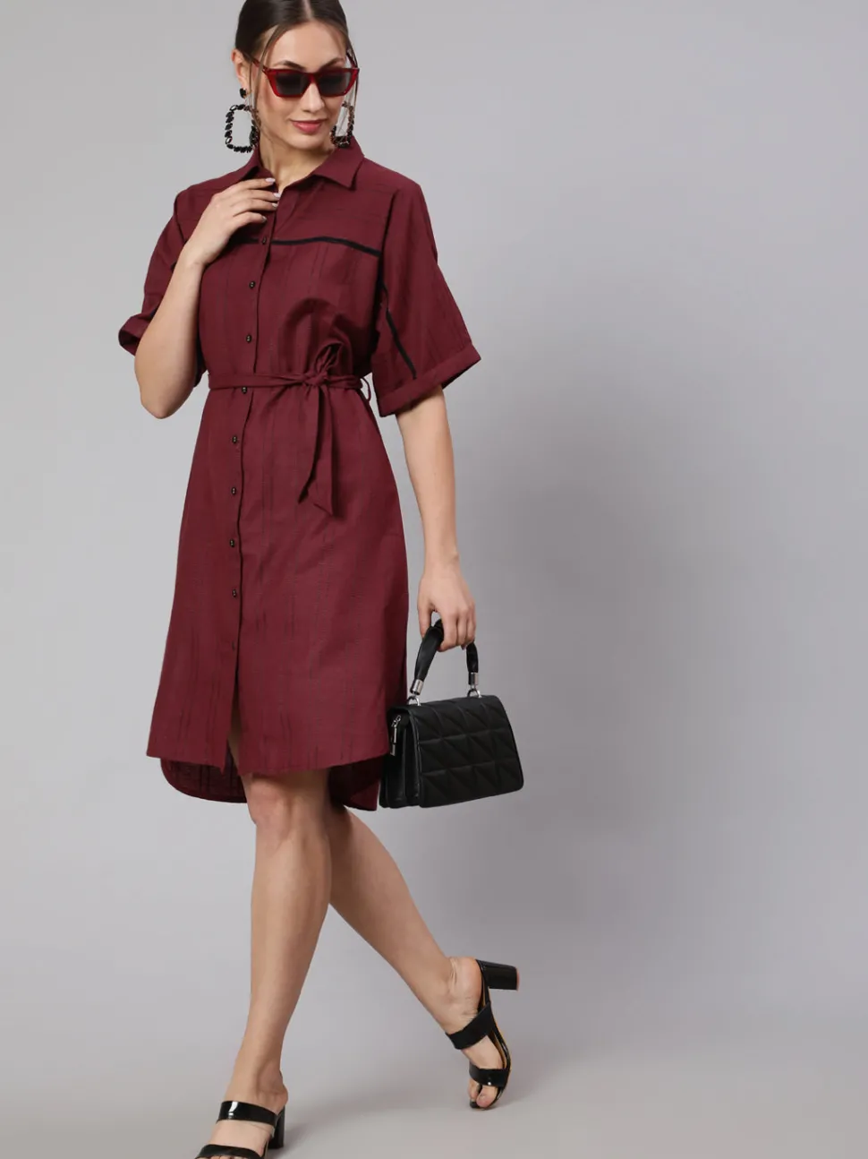 Jaipur Kurti Women Maroon Self Weaved Shirt Collar Dress