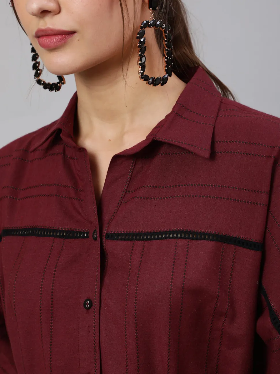 Jaipur Kurti Women Maroon Self Weaved Shirt Collar Dress