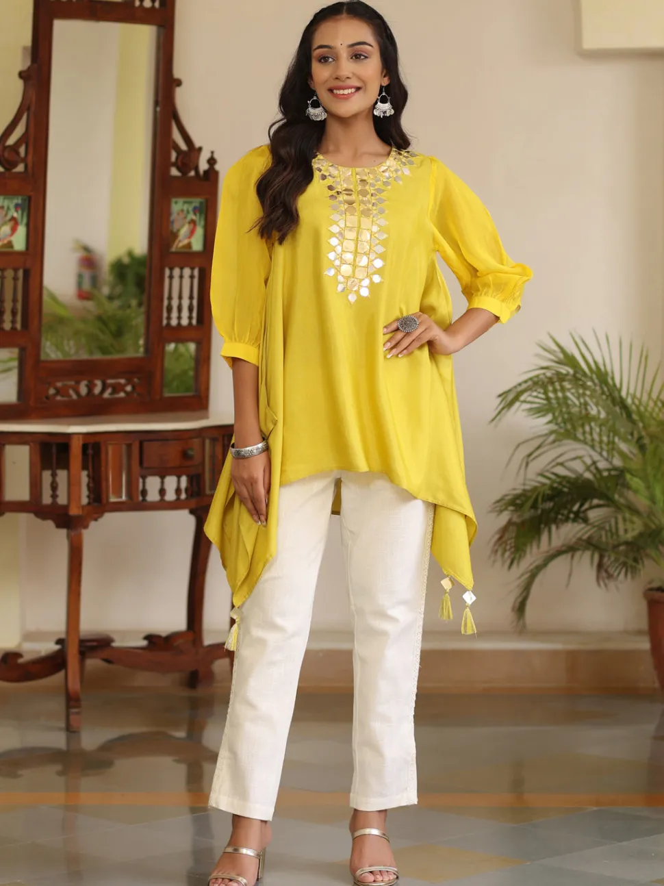 Jaipur Kurti Women Yellow Hankerchief Top With Mirror Work